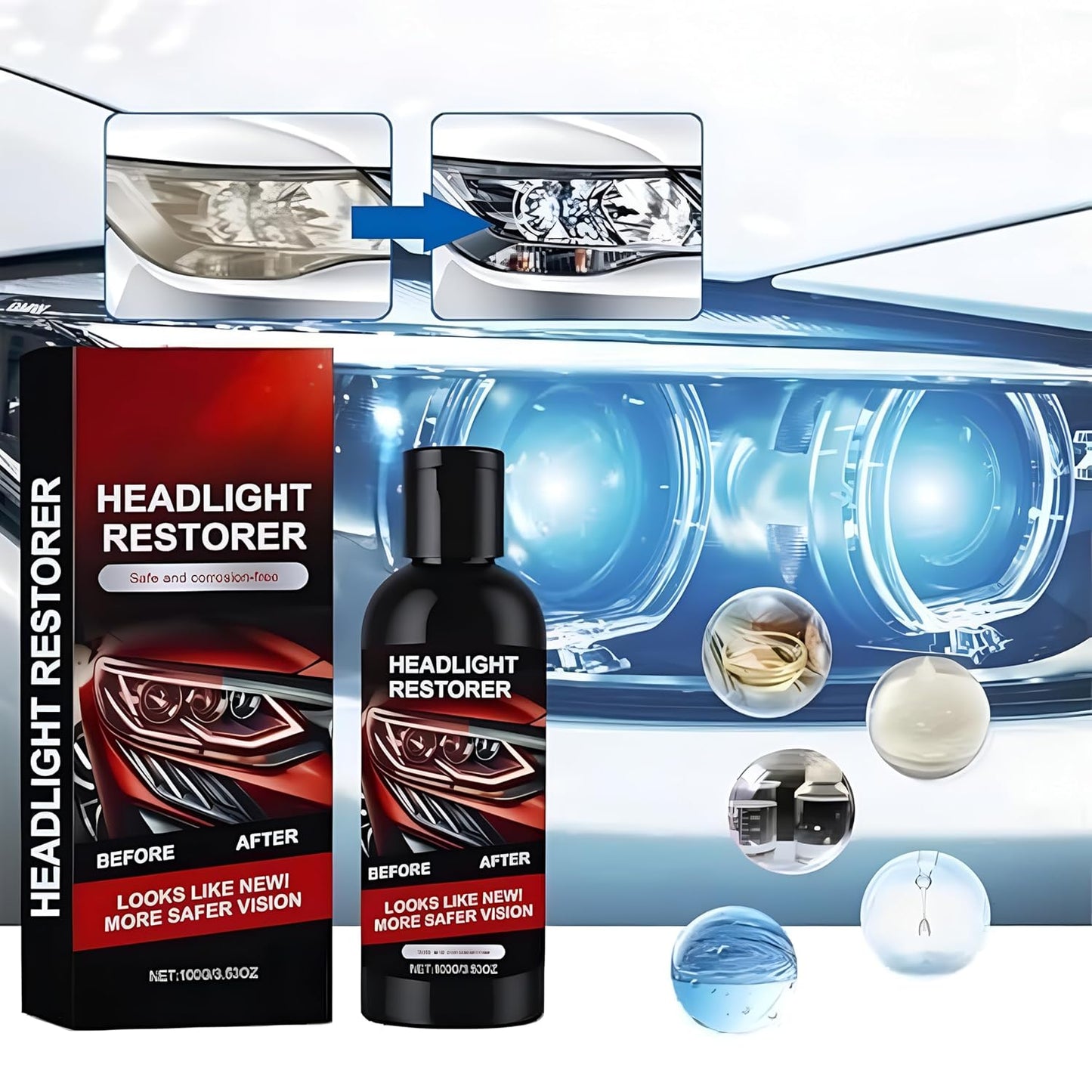 Headlight Cleaner & Restorer Liquid Polish (Pack of 3 | Each 100ml) for Car Headlamp Repair, Anti-Yellowing Oxidation Remover, Restores Transparency & Brightness, Easy DIY Headlight Repair Solution