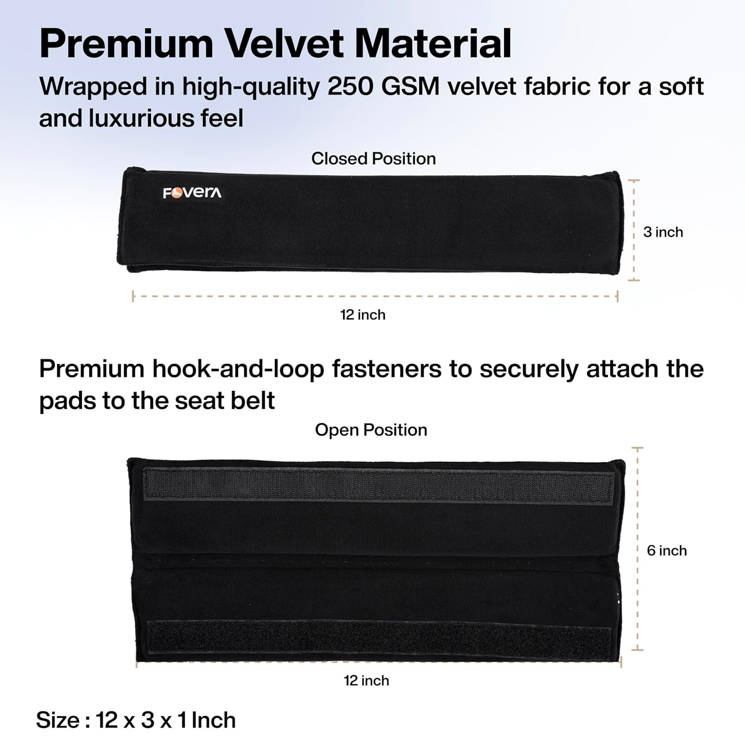 FOVERA Car Seat Belt Shoulder Cushions (Pack of 2) Car Safety Belt Soft Pad Cover for Comfortable Driving, Universal Fit for All Cars and Backpack (Black Color, 12 Inch Length)