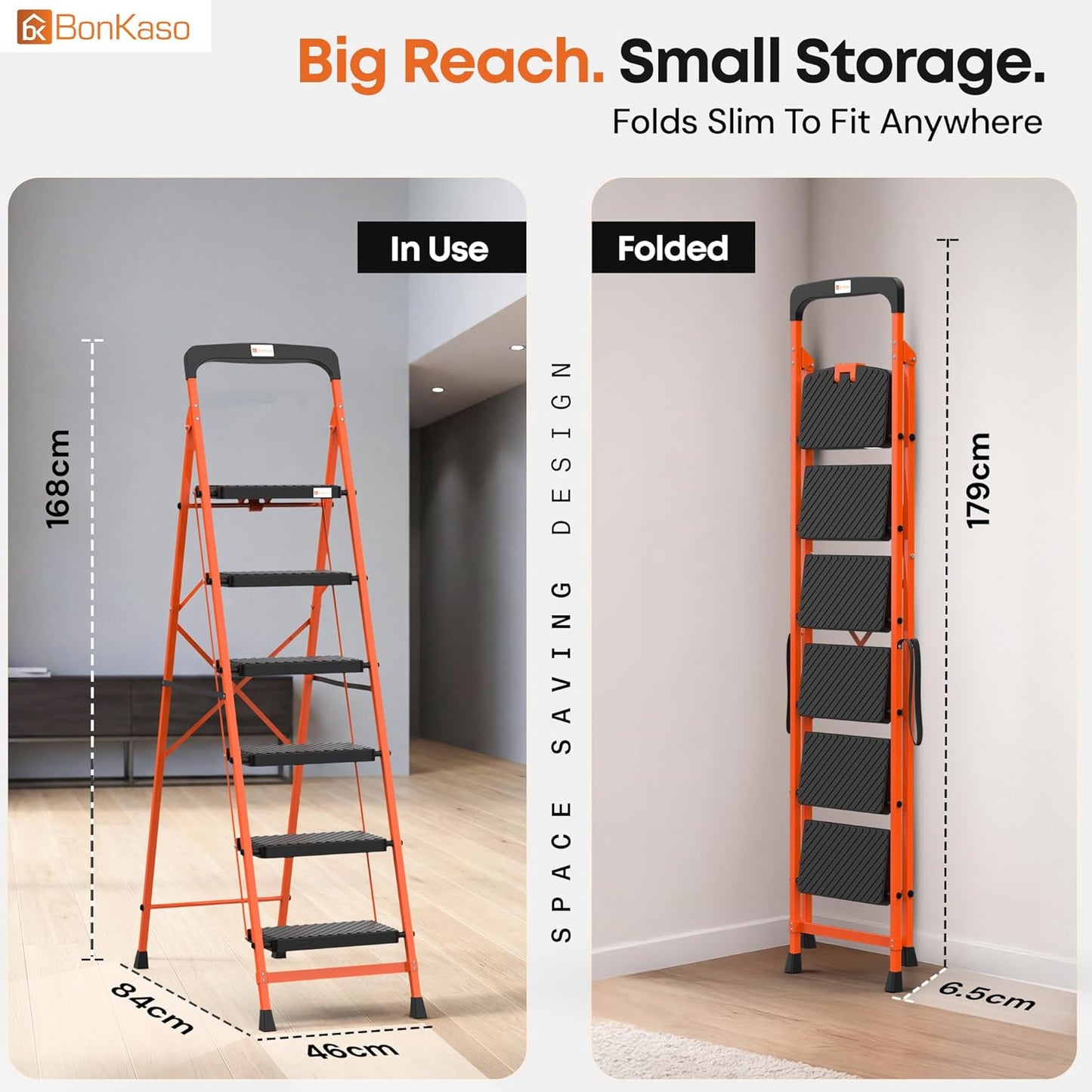 BonKaso Climb Easy 6 Step Heavy Duty Foldable Steel Kitchen Ladder for Home, Office & Outdoor Use with Anti-Slip Wide Steps, Support Handle & Tool Tray (Orange & Black)