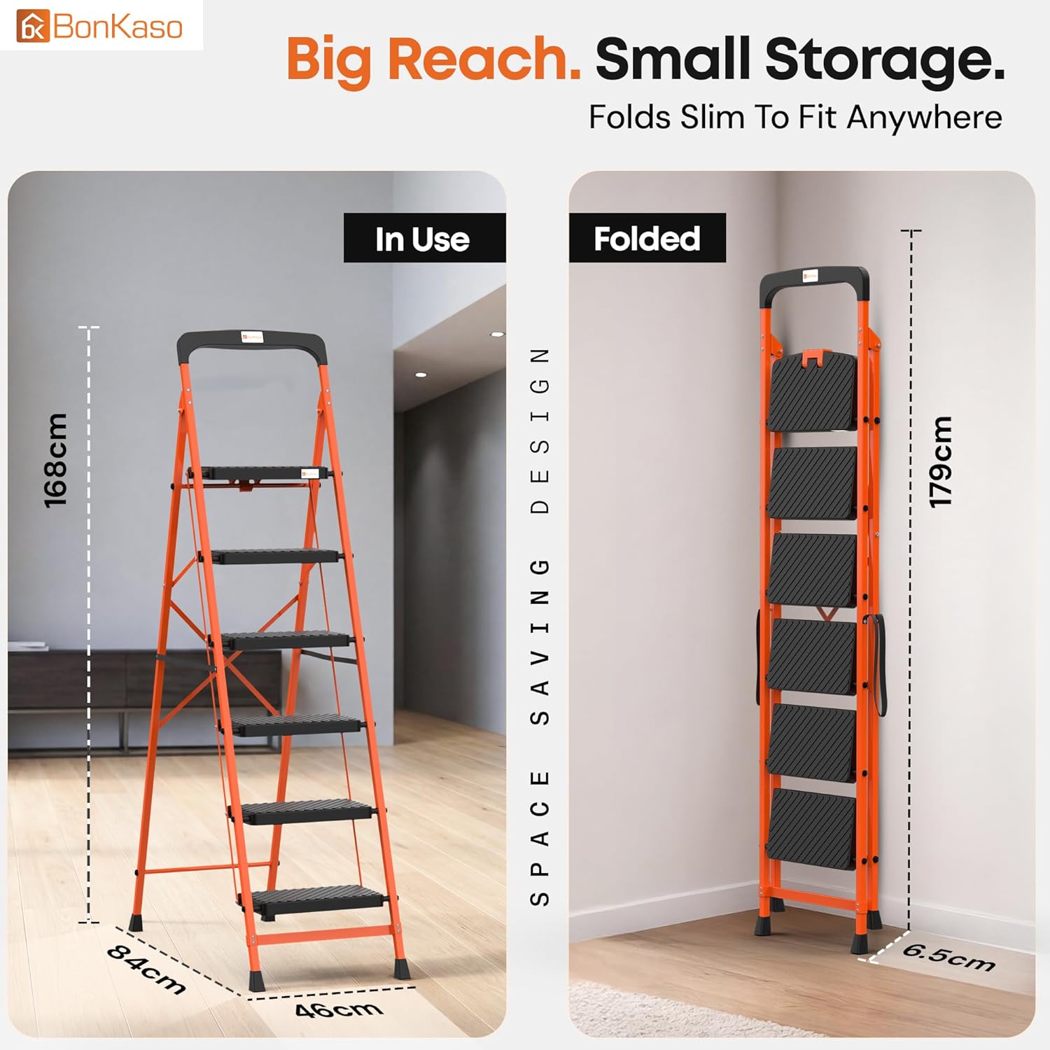 BonKaso Climb Easy 6 Step Heavy Duty Foldable Steel Kitchen Ladder for Home, Office & Outdoor Use with Anti-Slip Wide Steps, Support Handle & Tool Tray (Orange & Black)