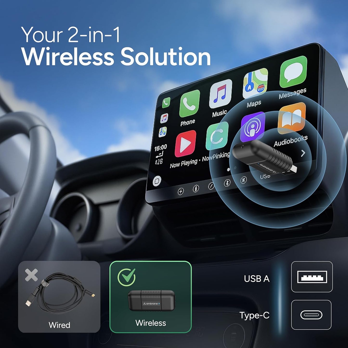 Ambrane 2 in 1 Wireless CarPlay & Android Auto Adapter | Convert Wired to Wire-Less CarPlay/Android-Auto | Plug & Play USB Dongle | Bluetooth 5.4 + Dual-Band Wi-Fi | Works with iPhone & Smartphone