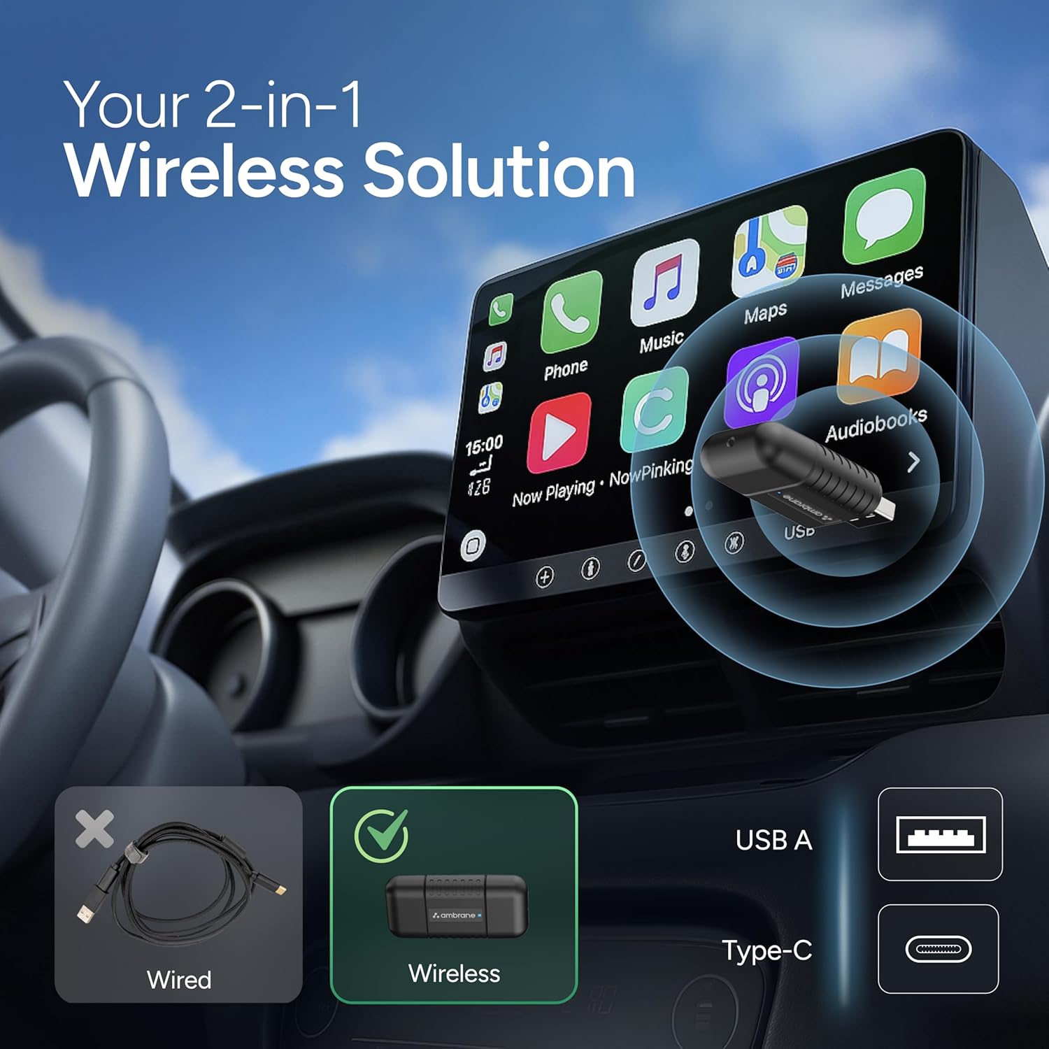 Ambrane 2 in 1 Wireless CarPlay & Android Auto Adapter | Convert Wired to Wire-Less CarPlay/Android-Auto | Plug & Play USB Dongle | Bluetooth 5.4 + Dual-Band Wi-Fi | Works with iPhone & Smartphone