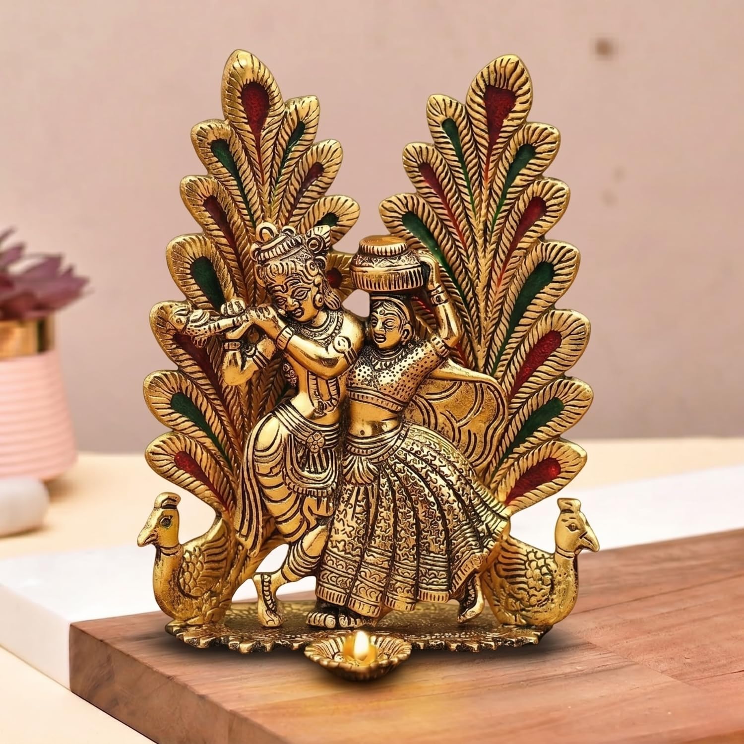 ascension Metal Peacock Design Radha Krishna Idol Decorative Showpiece Statue for Puja Room Home Office Desk Decoration Gift Items Gold