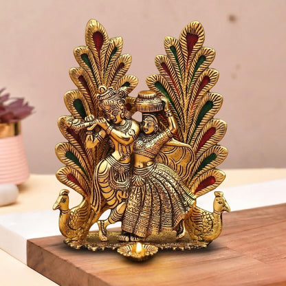 ascension Metal Peacock Design Radha Krishna Idol Decorative Showpiece Statue for Puja Room Home Office Desk Decoration Gift Items Gold