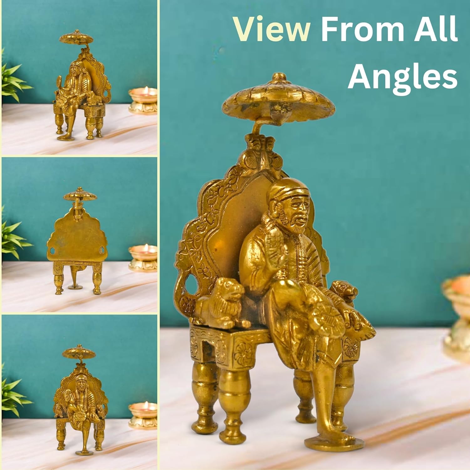 CRAFTHUT Handcrafted Brass Shirdi Sai Baba Statue with Chair and Umbrella - Religious Decorative Idol for Spiritual Harmony - 8.5x7x15Cm, 900Gm.