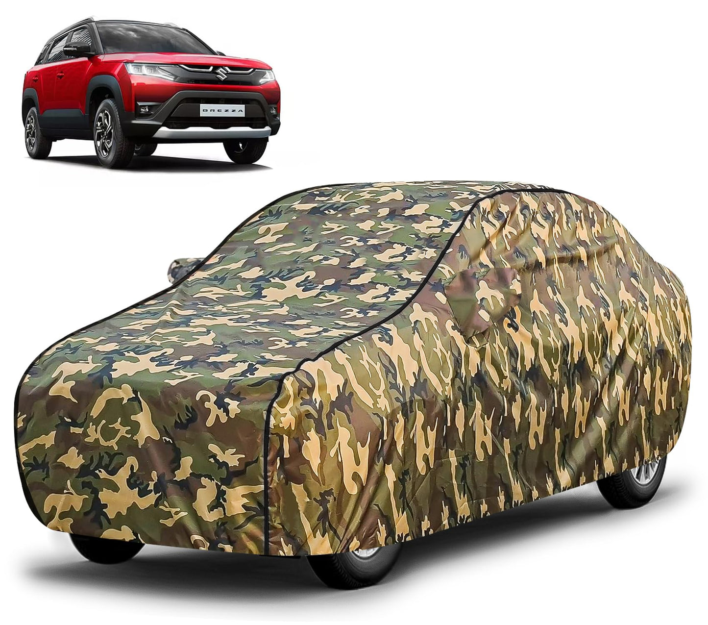 FABTEC Waterproof Premium Car Cover for Maruti Brezza Super Waterproof Car Body Cover Heavy Duty Durable PEVA Grey with Red Piping