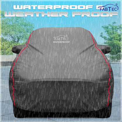FABTEC Waterproof Premium Car Cover for Maruti Brezza Super Waterproof Car Body Cover Heavy Duty Durable PEVA Grey with Red Piping