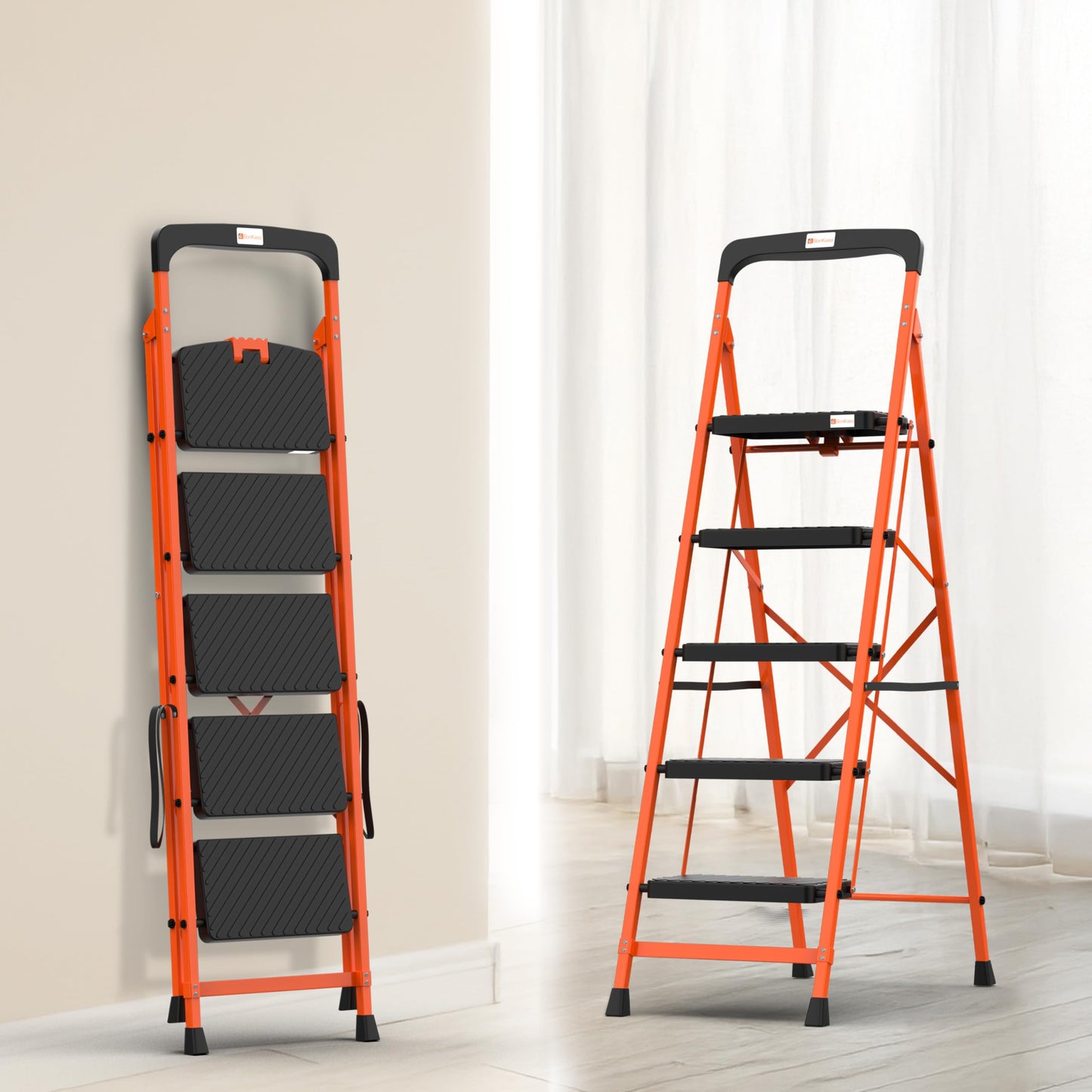 BonKaso Climb Easy 6 Step Heavy Duty Foldable Steel Kitchen Ladder for Home, Office & Outdoor Use with Anti-Slip Wide Steps, Support Handle & Tool Tray (Orange & Black)