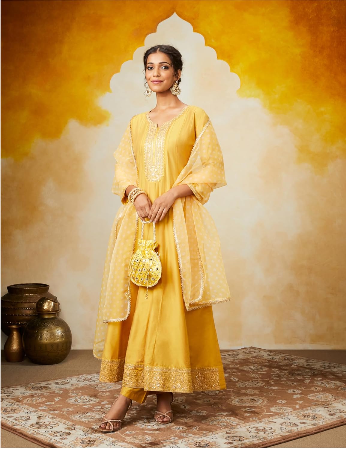 Amazon Brand - Myx Women's Embroidered Anarkali Kurta Pant Set with Organza Dupatta | A-line fit (Available in Plus Sizes)