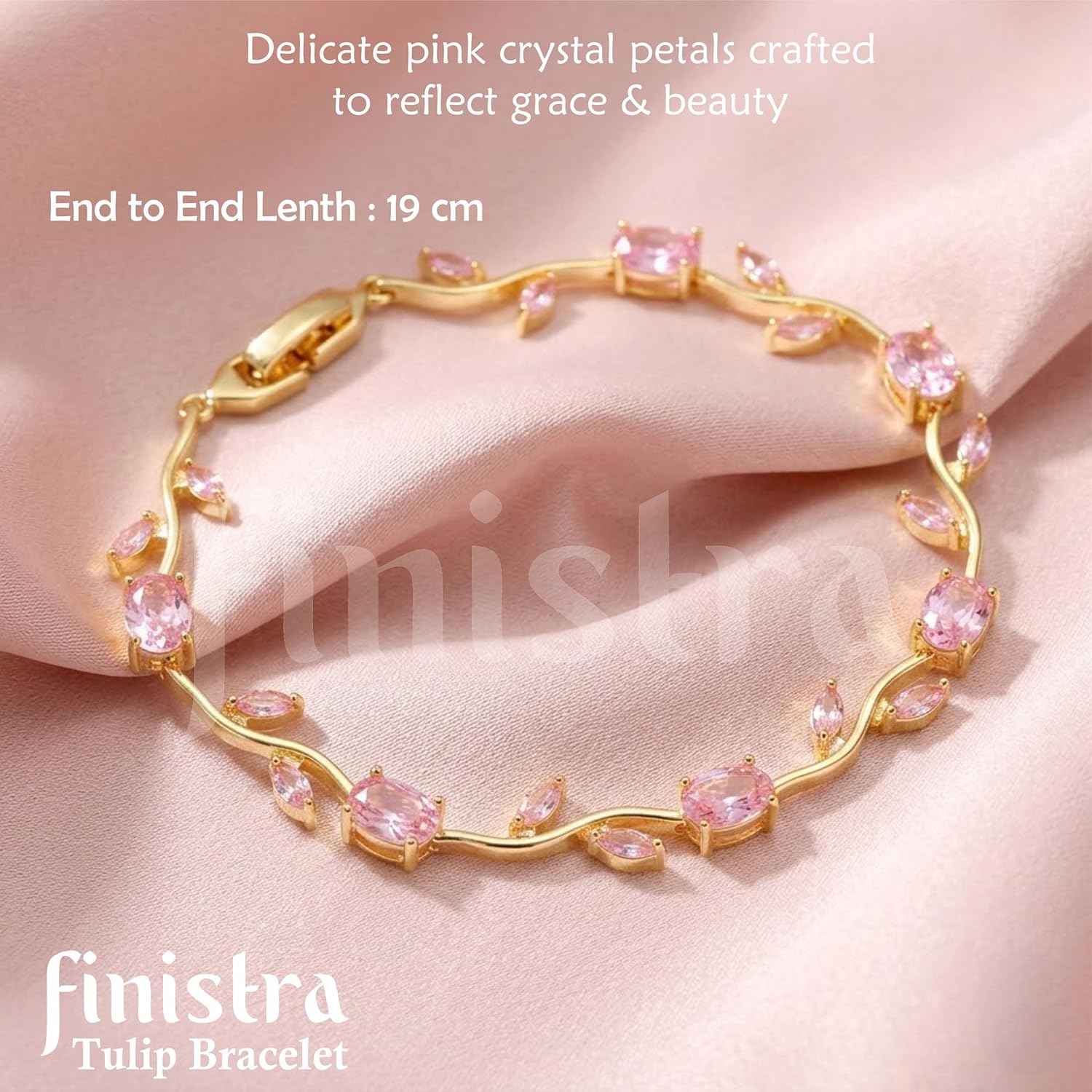 finistra® Tulip Bracelet for Women Stylish | Gold Plated Pink Crystal Floral Jewellery | Adjustable Chain for Women & Girls Stylish | Elegant Tulip Bracelet for Women, Party & Daily Wear Accessory