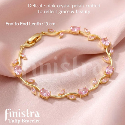 finistra® Tulip Bracelet for Women Stylish | Gold Plated Pink Crystal Floral Jewellery | Adjustable Chain for Women & Girls Stylish | Elegant Tulip Bracelet for Women, Party & Daily Wear Accessory