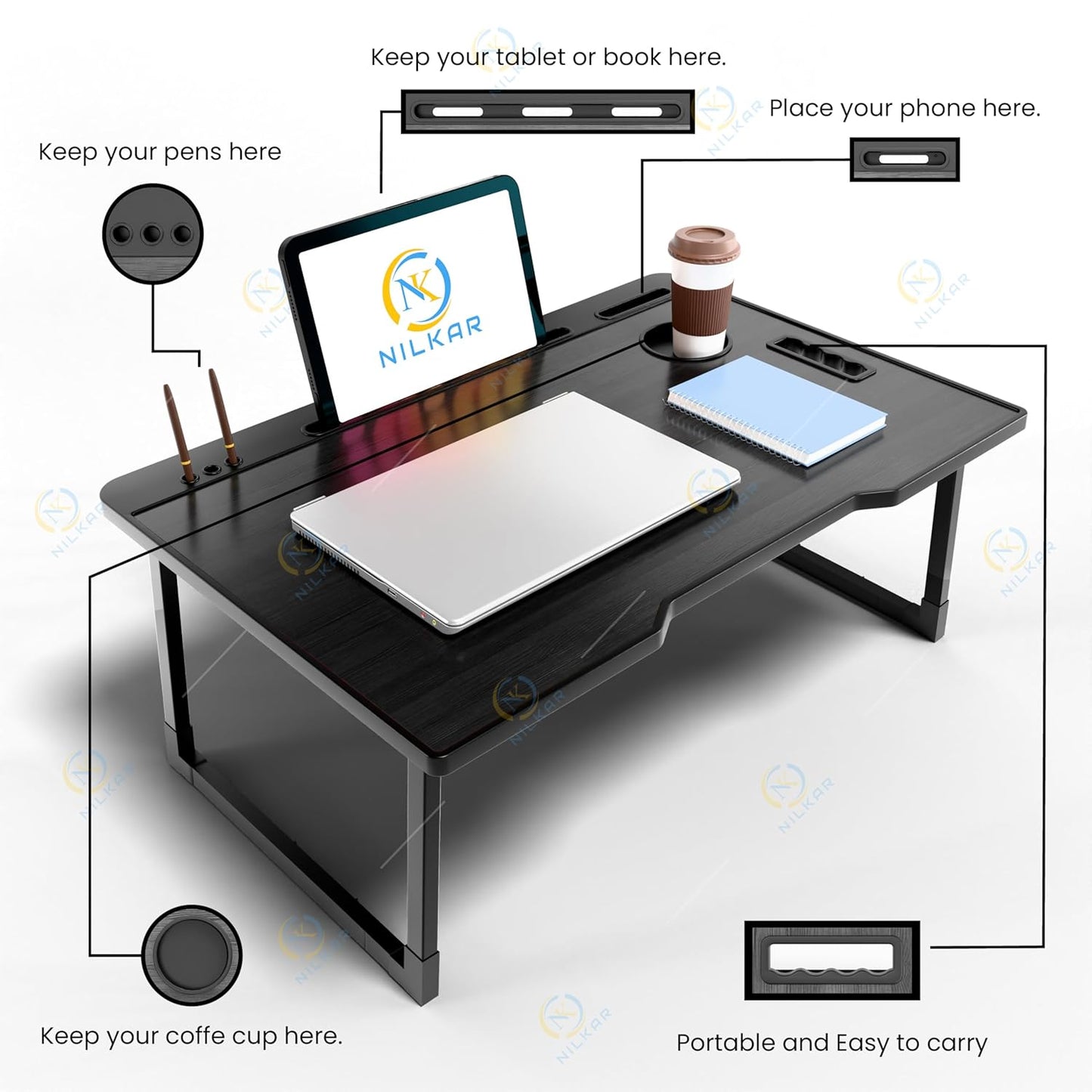NILKAR Study Table Bed Table Premium Laptop Table/Foldable and Portable Wooden/Writing Desk for Office/Home/School (CTD-BLACK)