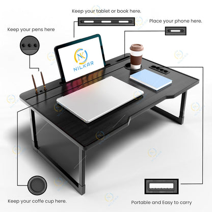 NILKAR Study Table Bed Table Premium Laptop Table/Foldable and Portable Wooden/Writing Desk for Office/Home/School (CTD-BLACK)