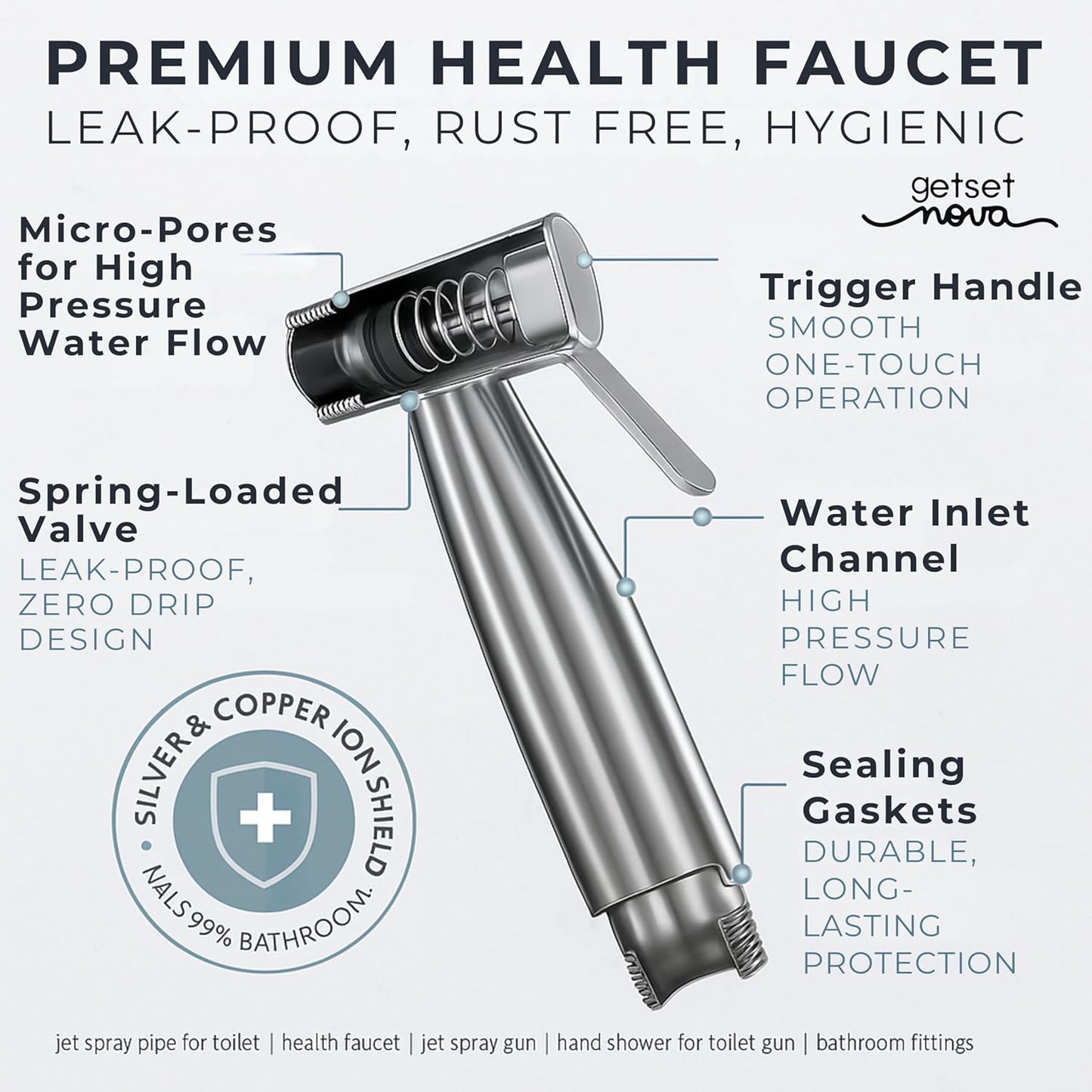Health Faucet Stainless Steel Jet Spray Gun for Toilet | Silver & Copper Ion Shield Kills 99% Germs | Leak-Proof Bathroom 1 Year Warranty (Jet Spray Only)