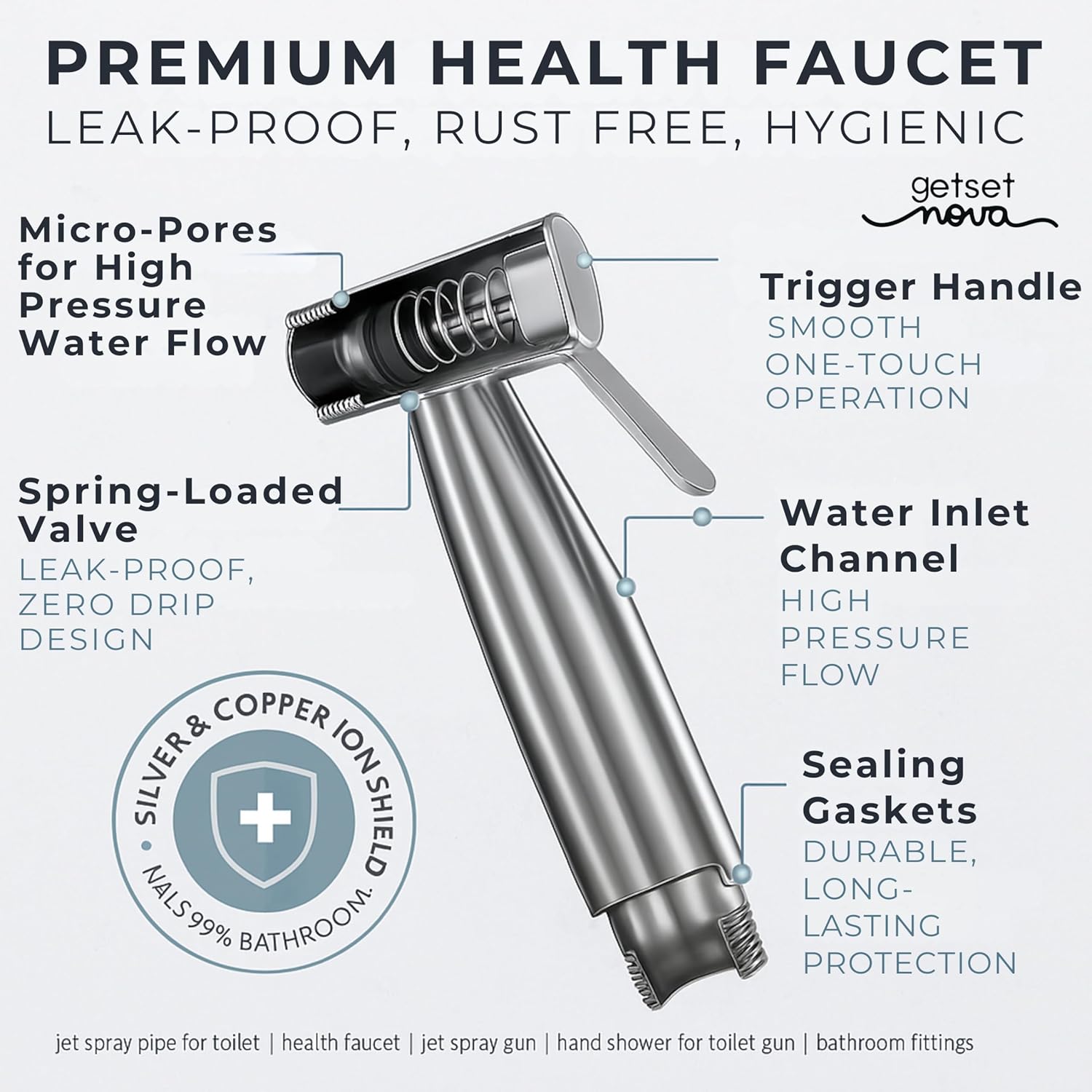 Health Faucet Stainless Steel Jet Spray Gun for Toilet | Silver & Copper Ion Shield Kills 99% Germs | Leak-Proof Bathroom 1 Year Warranty (Jet Spray Only)