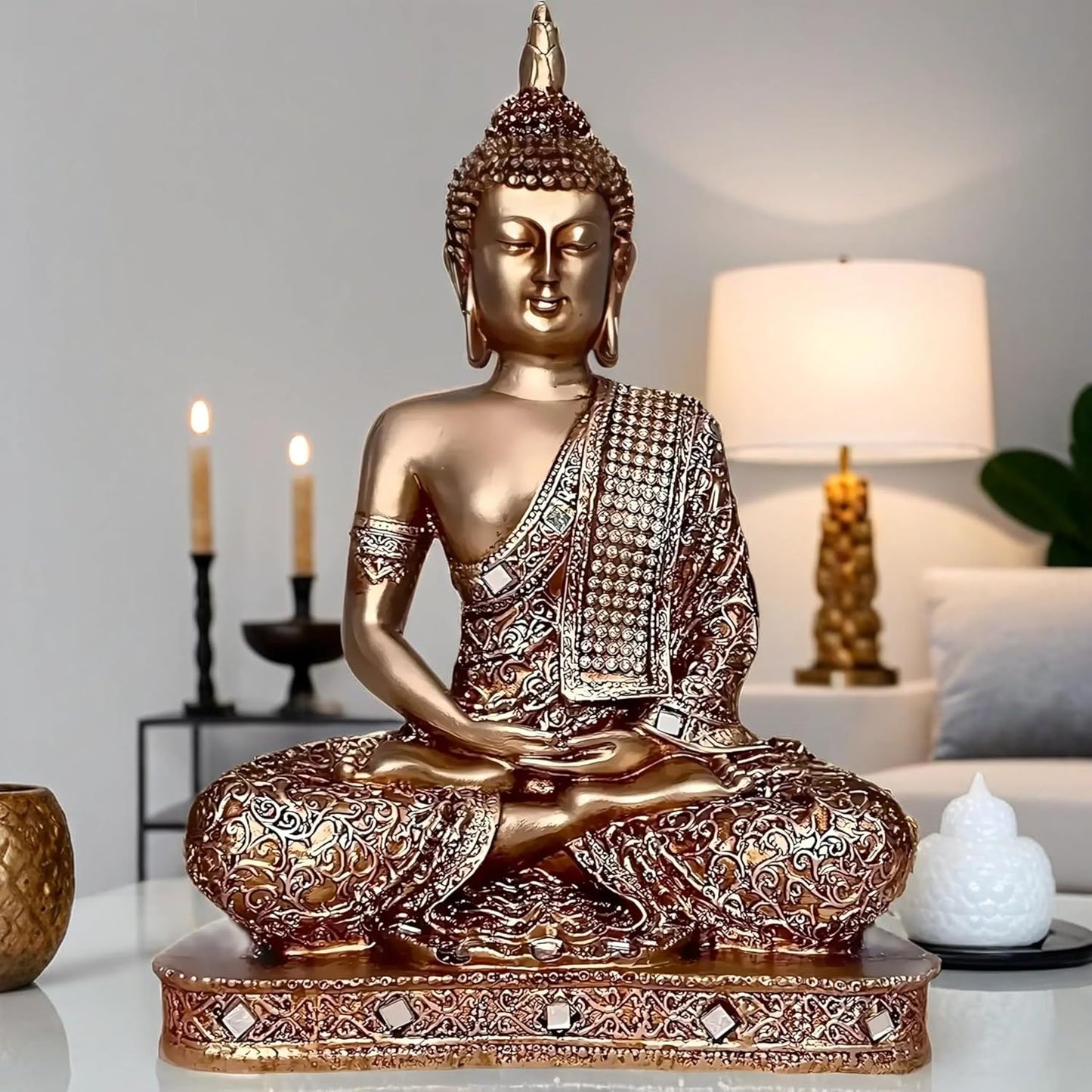 Global Grabbers New 25 Centimetre Meditating Sitting Buddha Statue showpiece Idol Home Decor Items for Living Room and Gifts (Golden2)