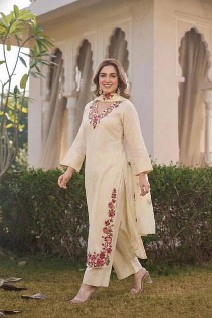 ANNI Designer Kurta Sets for Women Viscose Blend Embroidered | Kurta Palazzo Dupatta Set | Designer Kurti Set for Women | V Neck Full Sleeve Ethnic Suit | Indian Kurta Outfit with Palazzo Pants
