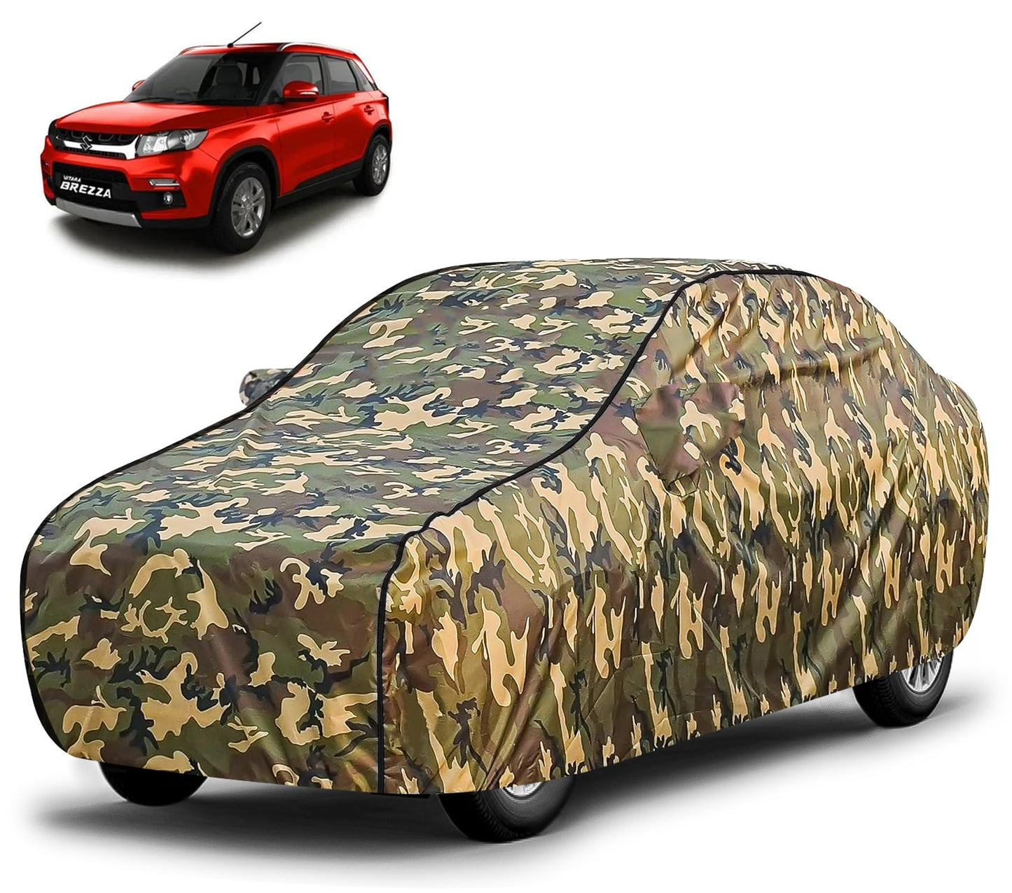FABTEC Waterproof Premium Car Cover for Maruti Brezza Super Waterproof Car Body Cover Heavy Duty Durable PEVA Grey with Red Piping