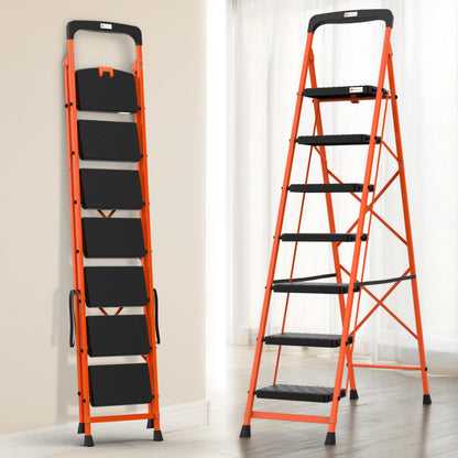 BonKaso Climb Easy 6 Step Heavy Duty Foldable Steel Kitchen Ladder for Home, Office & Outdoor Use with Anti-Slip Wide Steps, Support Handle & Tool Tray (Orange & Black)