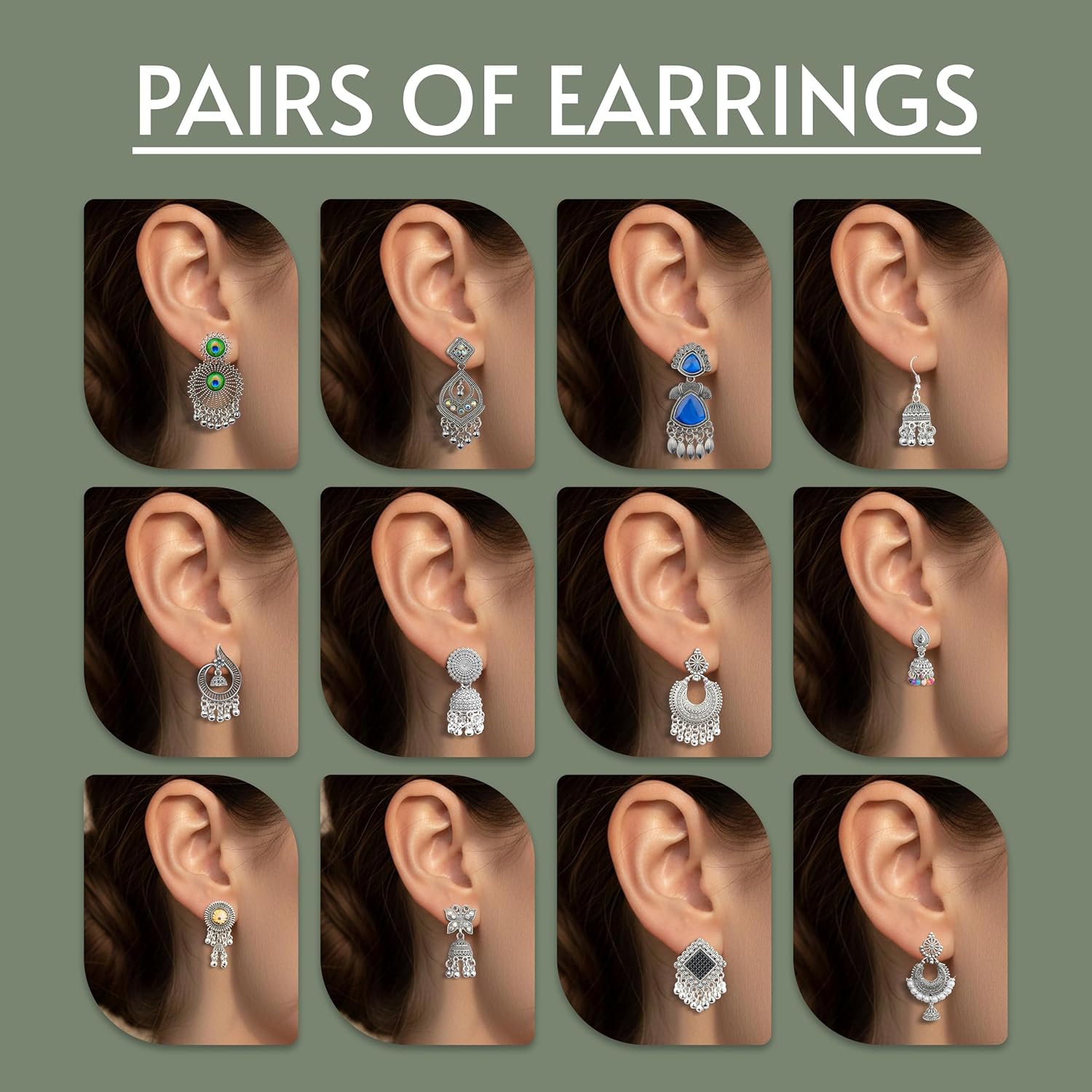 Ishq E Jhumka Oxidized Metal Designer Earring Set of 12 with Folding Jewelry Box | Minimalist & Traditional Jhumka Set for Womens & Girls