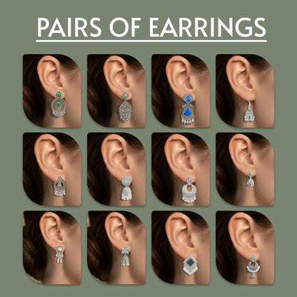Ishq E Jhumka Oxidized Metal Designer Earring Set of 12 with Folding Jewelry Box | Minimalist & Traditional Jhumka Set for Womens & Girls