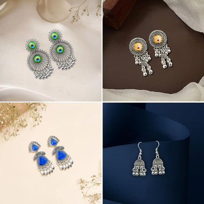 Ishq E Jhumka Oxidized Metal Designer Earring Set of 12 with Folding Jewelry Box | Minimalist & Traditional Jhumka Set for Womens & Girls