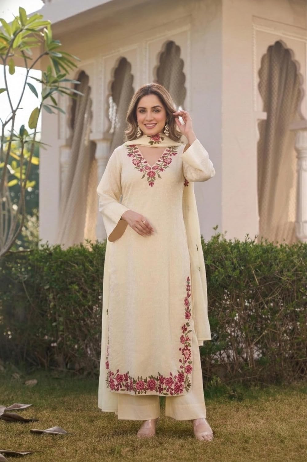 ANNI Designer Kurta Sets for Women Viscose Blend Embroidered | Kurta Palazzo Dupatta Set | Designer Kurti Set for Women | V Neck Full Sleeve Ethnic Suit | Indian Kurta Outfit with Palazzo Pants