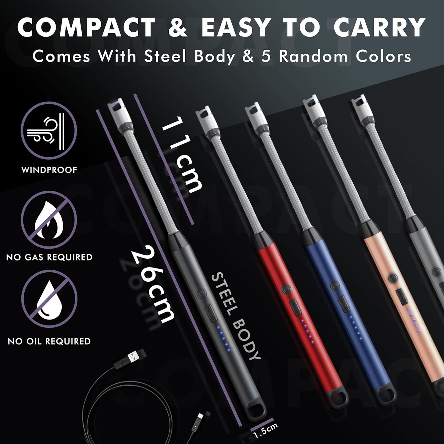 Rechargeable Electric Gas Lighter for Kitchen, Lighter for Gas Stove, Candles, Pooja, 1 Year Warranty, C-Type USB, Kitchen Tools, Multi Purpose - 360° Flexible & Windproof, Black