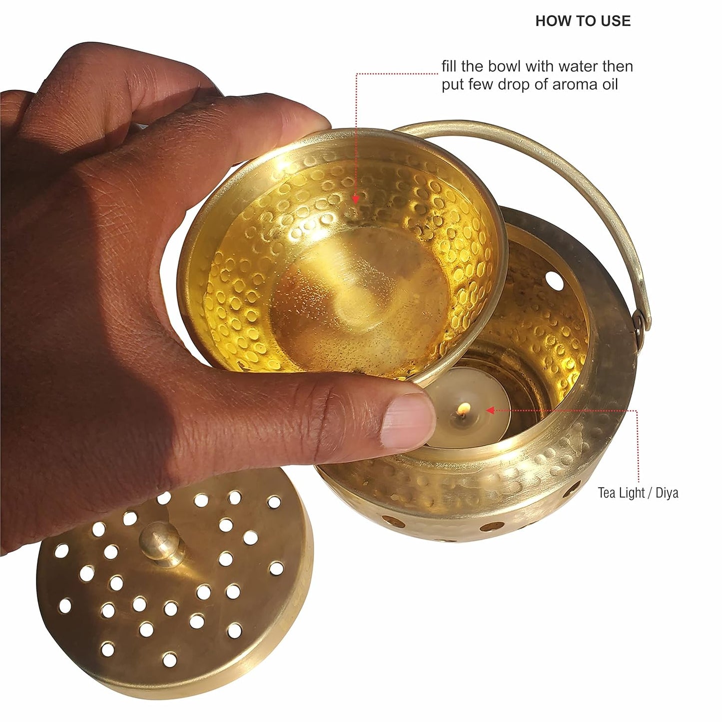 Pure Source India Brass Kapoor Dani, Aroma Diffuser, Bakhoor Dani, Incense Burner, Pack of 1(Star Cutting), Round
