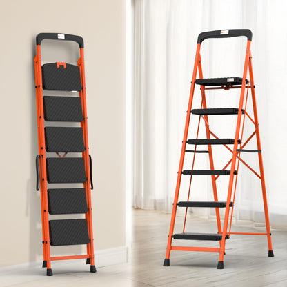 BonKaso Climb Easy 6 Step Heavy Duty Foldable Steel Kitchen Ladder for Home, Office & Outdoor Use with Anti-Slip Wide Steps, Support Handle & Tool Tray (Orange & Black)