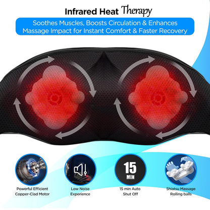 Dr Physio USA 1047 Shiatsu Electric Neck and Back Massager Machine with Infrared Kneading Nodes for Cervical Neck, Shoulder, Back & Body Muscle Pain Relief