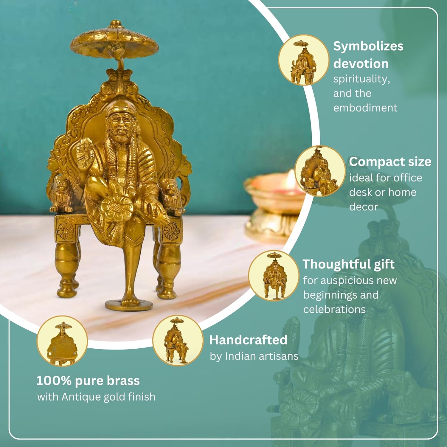 CRAFTHUT Handcrafted Brass Shirdi Sai Baba Statue with Chair and Umbrella - Religious Decorative Idol for Spiritual Harmony - 8.5x7x15Cm, 900Gm.