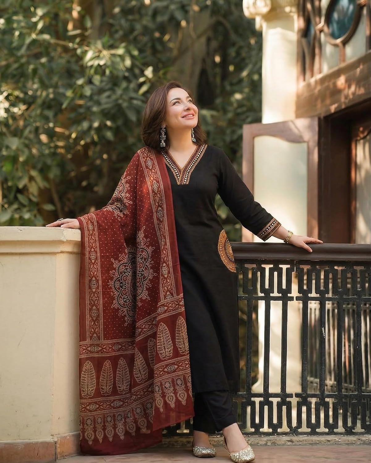 ANNI Designer Women's Rayon Viscose Straight Embroidered Kurta with Pant and Dupatta | V-Neck Kurti Set | 3/4 Length Regular Sleeves | Soft Comfortable Fabric | 3 Piece Outfit