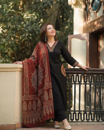 ANNI Designer Women's Rayon Viscose Straight Embroidered Kurta with Pant and Dupatta | V-Neck Kurti Set | 3/4 Length Regular Sleeves | Soft Comfortable Fabric | 3 Piece Outfit
