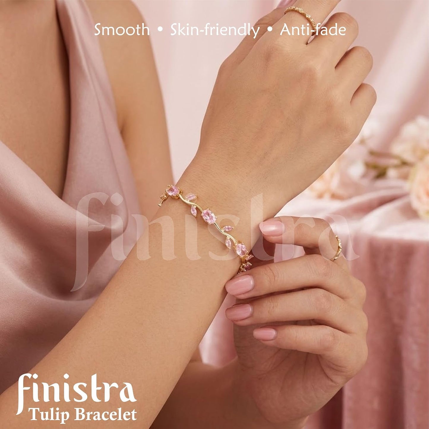 finistra® Tulip Bracelet for Women Stylish | Gold Plated Pink Crystal Floral Jewellery | Adjustable Chain for Women & Girls Stylish | Elegant Tulip Bracelet for Women, Party & Daily Wear Accessory