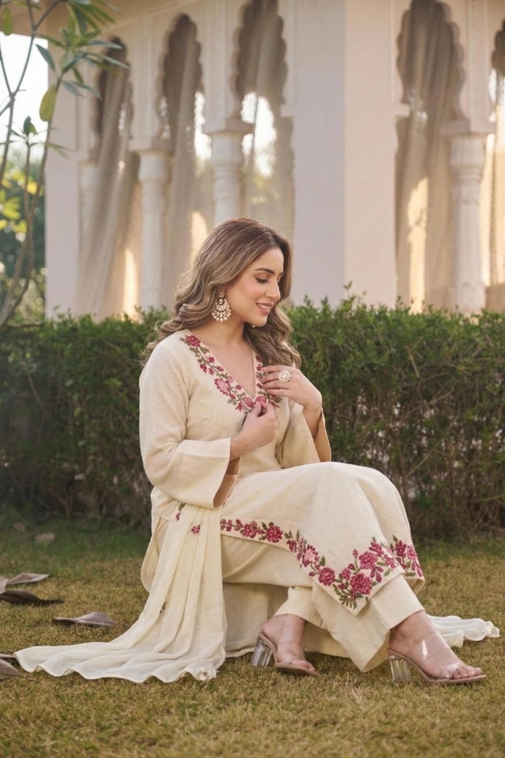 ANNI Designer Kurta Sets for Women Viscose Blend Embroidered | Kurta Palazzo Dupatta Set | Designer Kurti Set for Women | V Neck Full Sleeve Ethnic Suit | Indian Kurta Outfit with Palazzo Pants