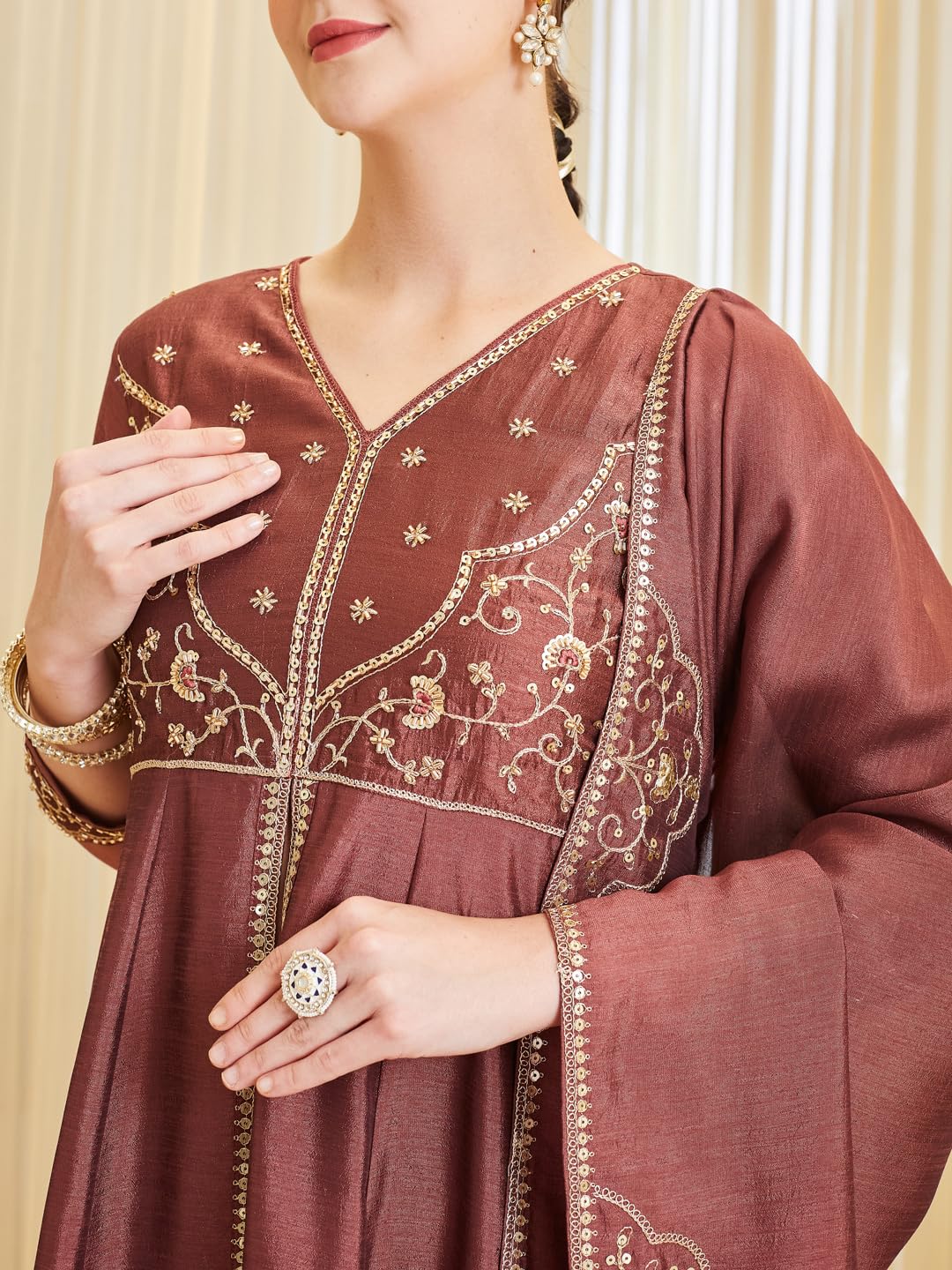 MOKOSH Women's Silk Embroidered Anarkali Kurta with Palazzo Set & Dupatta | Ethnic Handwork Kurta Set for Women | Daily, Office & Festive Traditional
