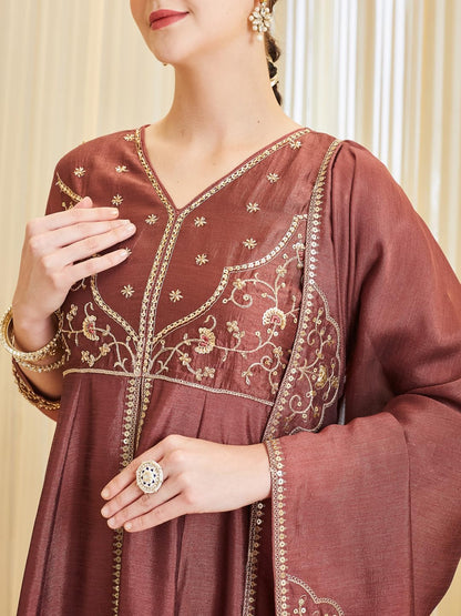 MOKOSH Women's Silk Embroidered Anarkali Kurta with Palazzo Set & Dupatta | Ethnic Handwork Kurta Set for Women | Daily, Office & Festive Traditional