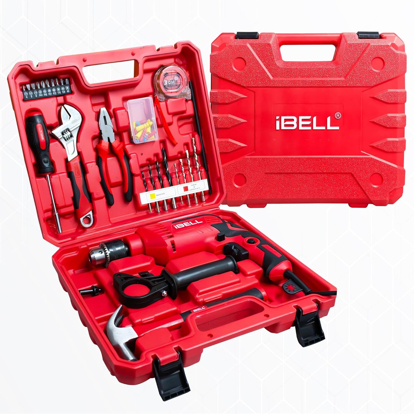 IBELL Professional Tool Kit with Impact Drill TD13-85, 650W, Copper Armature, Chuck 13mm, 59 Home Essential Tools/Accessories with RED/BLACK BMC box