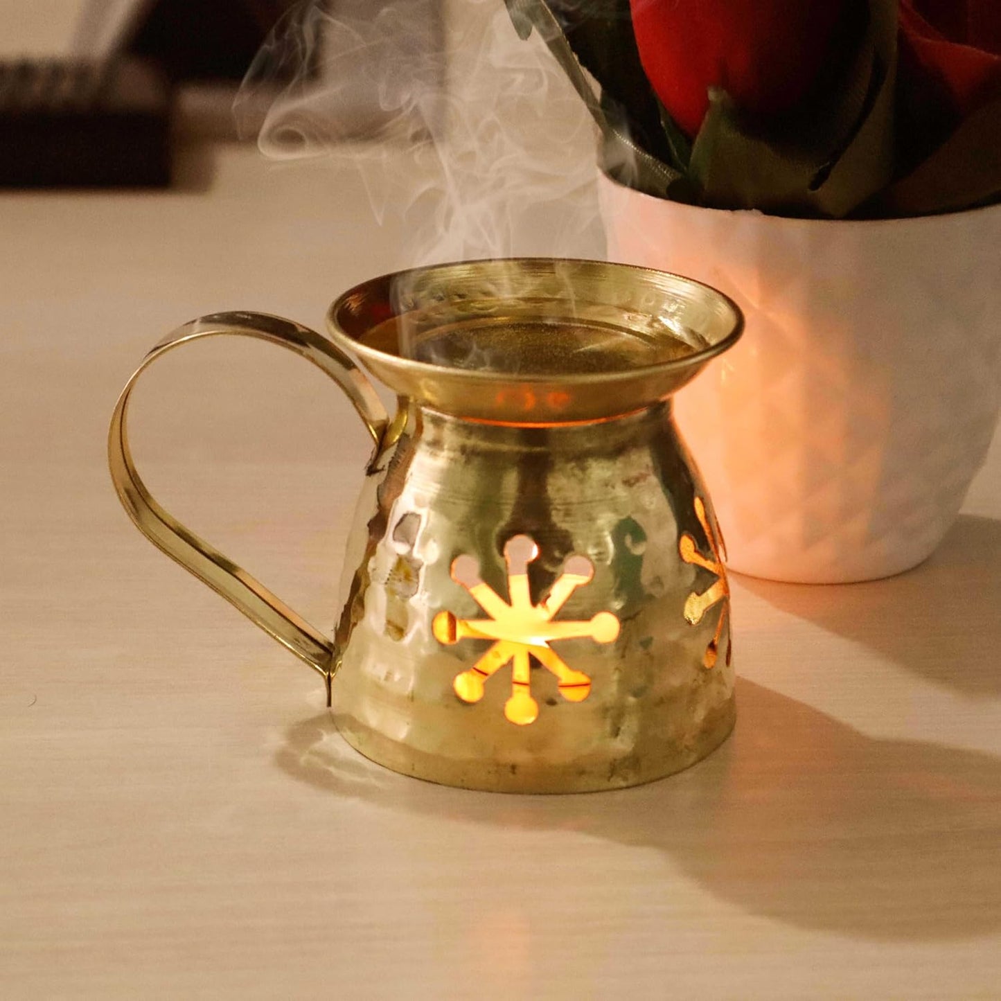 Pure Source India Brass Aroma Burner/Candle Burner/Oil Diffuser/Dhoop Dani (Gold) (3.25inch)