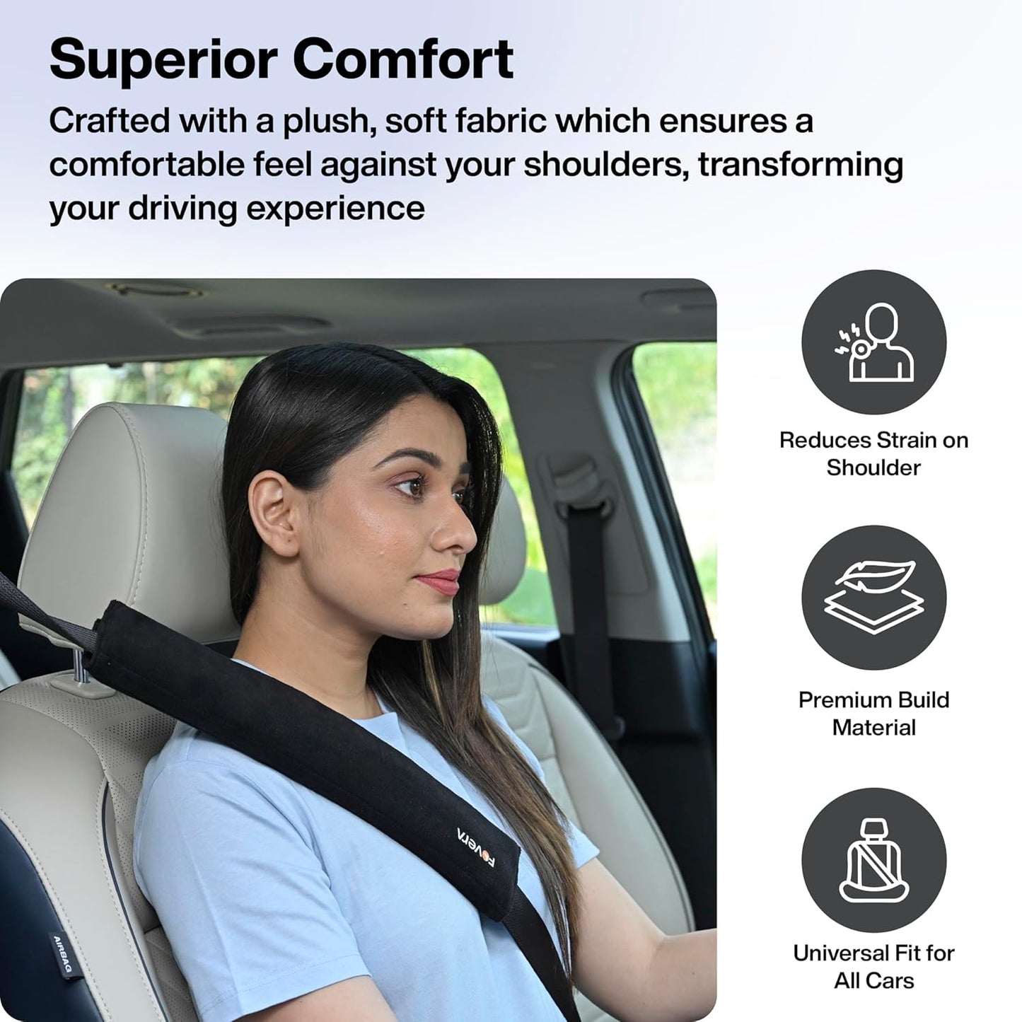 FOVERA Car Seat Belt Shoulder Cushions (Pack of 2) Car Safety Belt Soft Pad Cover for Comfortable Driving, Universal Fit for All Cars and Backpack (Black Color, 12 Inch Length)