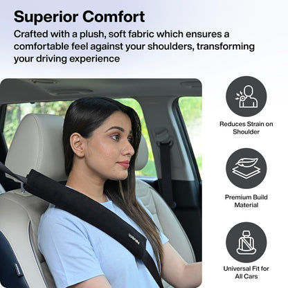 FOVERA Car Seat Belt Shoulder Cushions (Pack of 2) Car Safety Belt Soft Pad Cover for Comfortable Driving, Universal Fit for All Cars and Backpack (Black Color, 12 Inch Length)