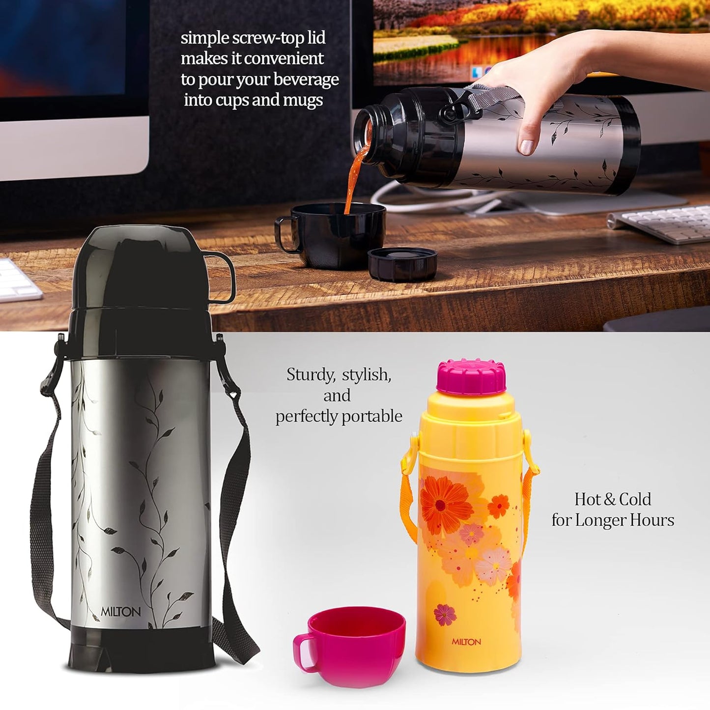 Milton Eiffel 1000 Vacuum Insulated Thermos Flask with Strap to Carry, 910 ml, Long Hours Hot & Cold Water Bottle for Office, Hiking, Trekking, Travel, Black