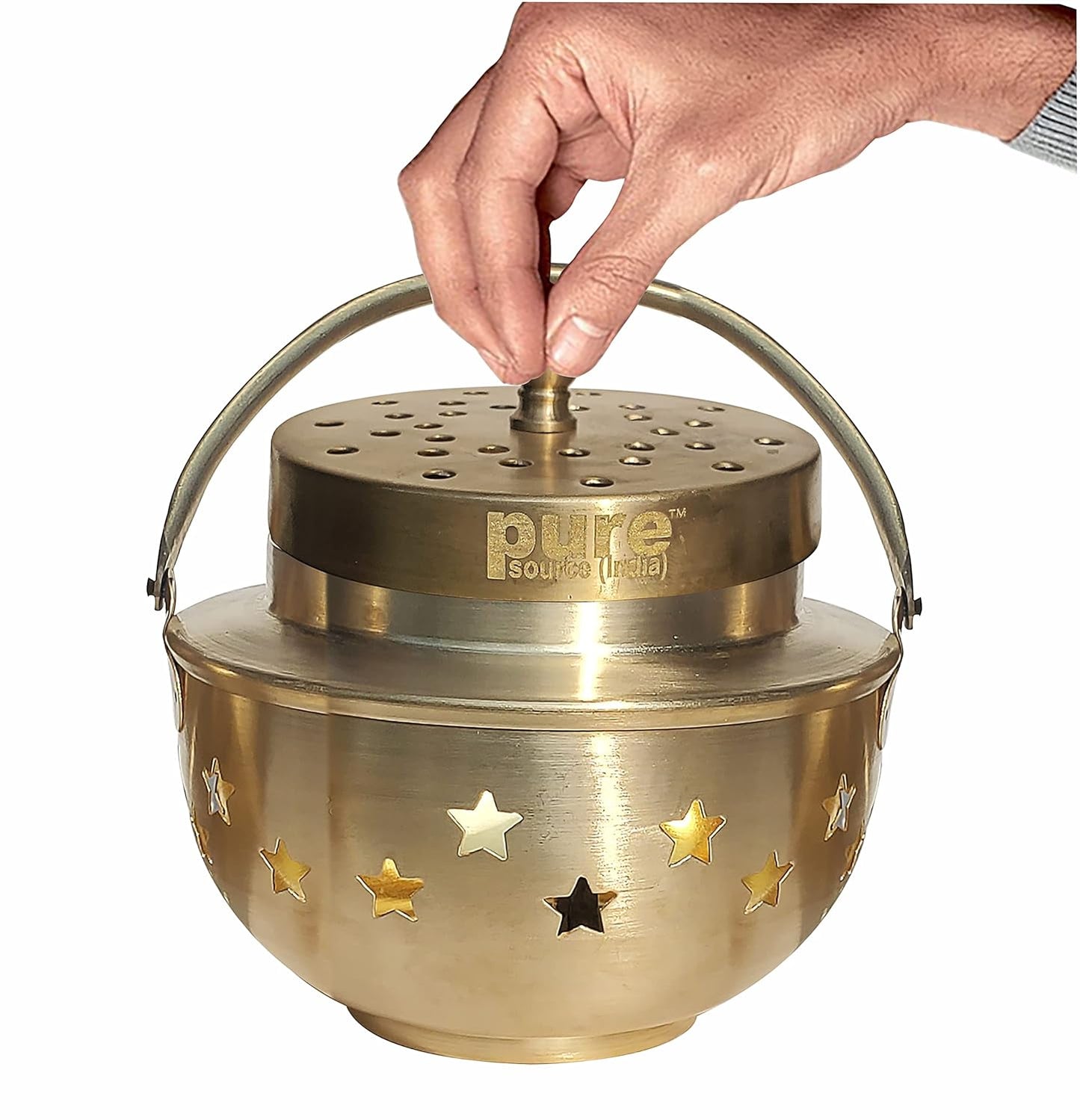 Pure Source India Brass Kapoor Dani, Aroma Diffuser, Bakhoor Dani, Incense Burner, Pack of 1(Star Cutting), Round