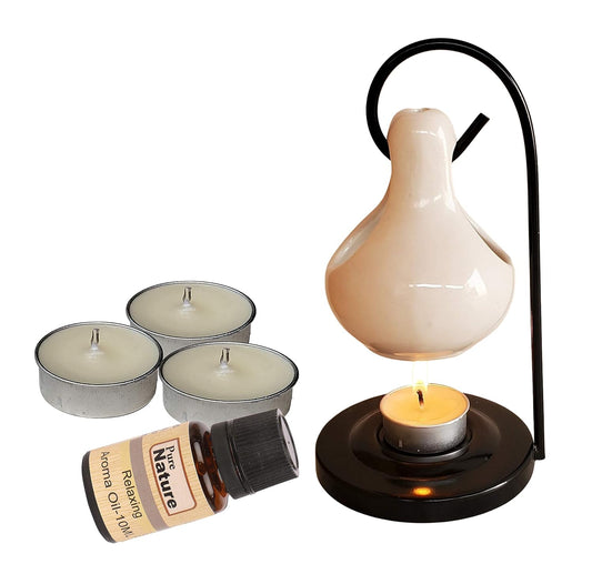 Pure Source India Porcelain Relaxing Fragrance Aroma Set with 10 ml Aroma Oil and 4 Tea Light Candles (White)