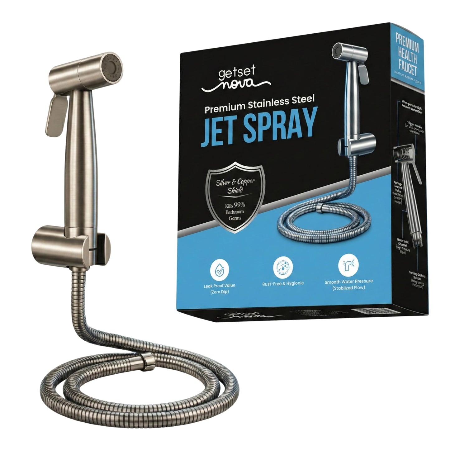 Health Faucet Stainless Steel Jet Spray Gun for Toilet | Silver & Copper Ion Shield Kills 99% Germs | Leak-Proof Bathroom 1 Year Warranty (Jet Spray Only)