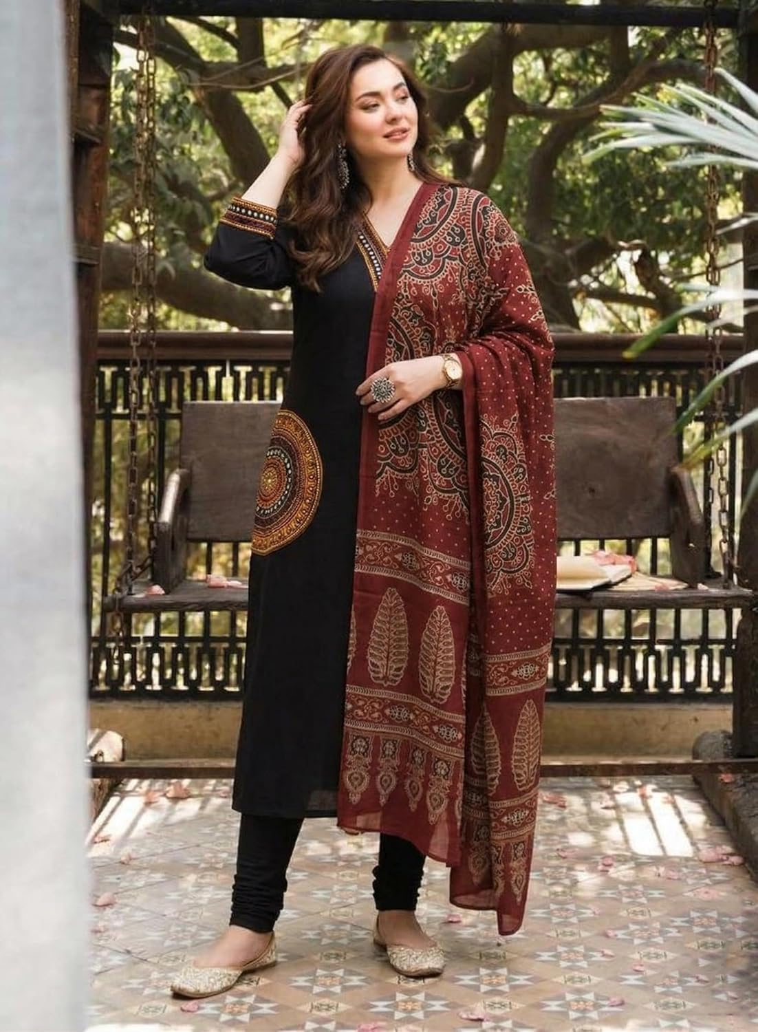 ANNI Designer Women's Rayon Viscose Straight Embroidered Kurta with Pant and Dupatta | V-Neck Kurti Set | 3/4 Length Regular Sleeves | Soft Comfortable Fabric | 3 Piece Outfit