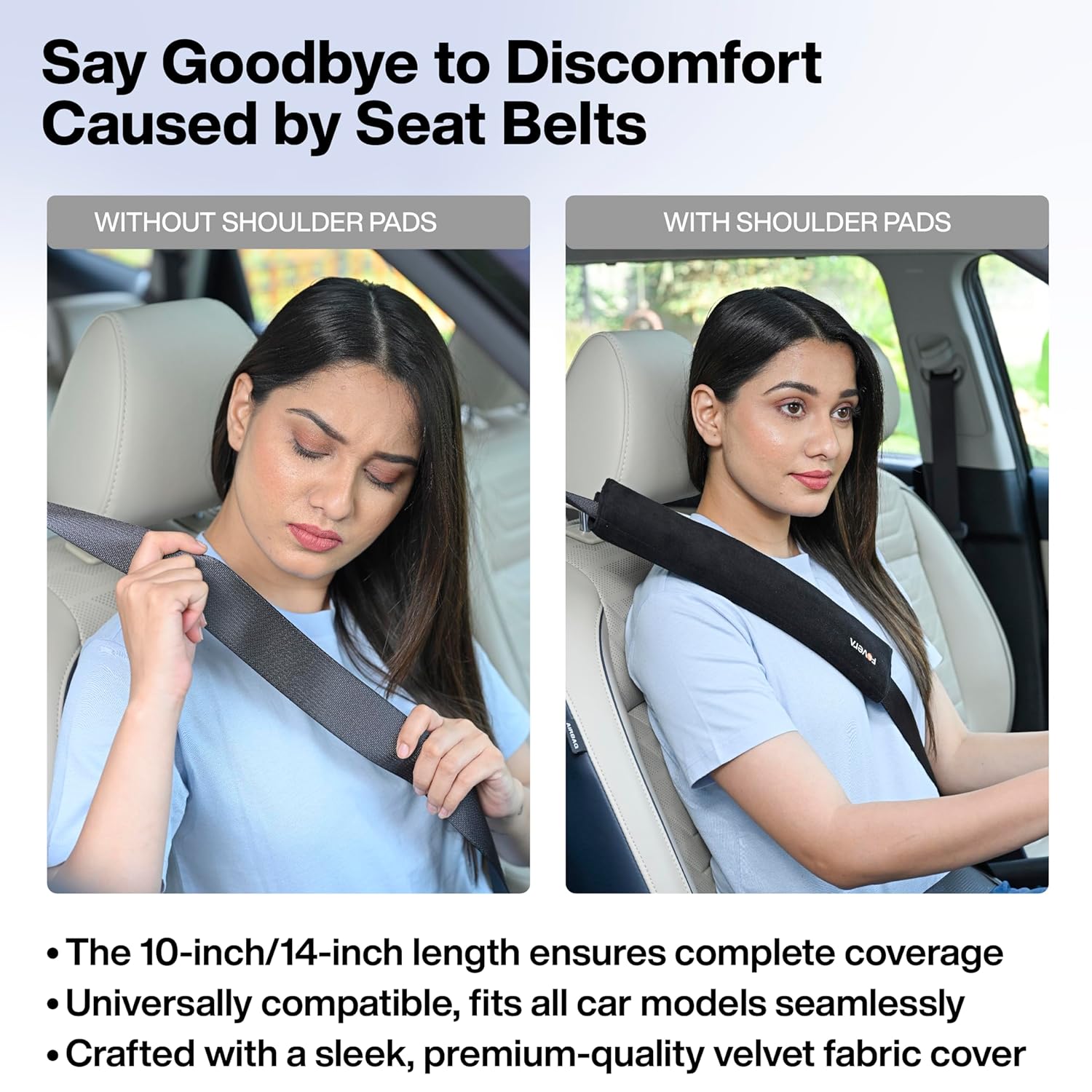 FOVERA Car Seat Belt Shoulder Cushions (Pack of 2) Car Safety Belt Soft Pad Cover for Comfortable Driving, Universal Fit for All Cars and Backpack (Black Color, 12 Inch Length)