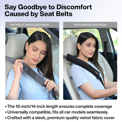 FOVERA Car Seat Belt Shoulder Cushions (Pack of 2) Car Safety Belt Soft Pad Cover for Comfortable Driving, Universal Fit for All Cars and Backpack (Black Color, 12 Inch Length)
