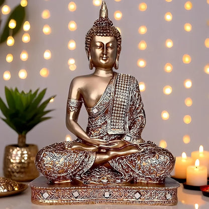 Global Grabbers New 25 Centimetre Meditating Sitting Buddha Statue showpiece Idol Home Decor Items for Living Room and Gifts (Golden2)